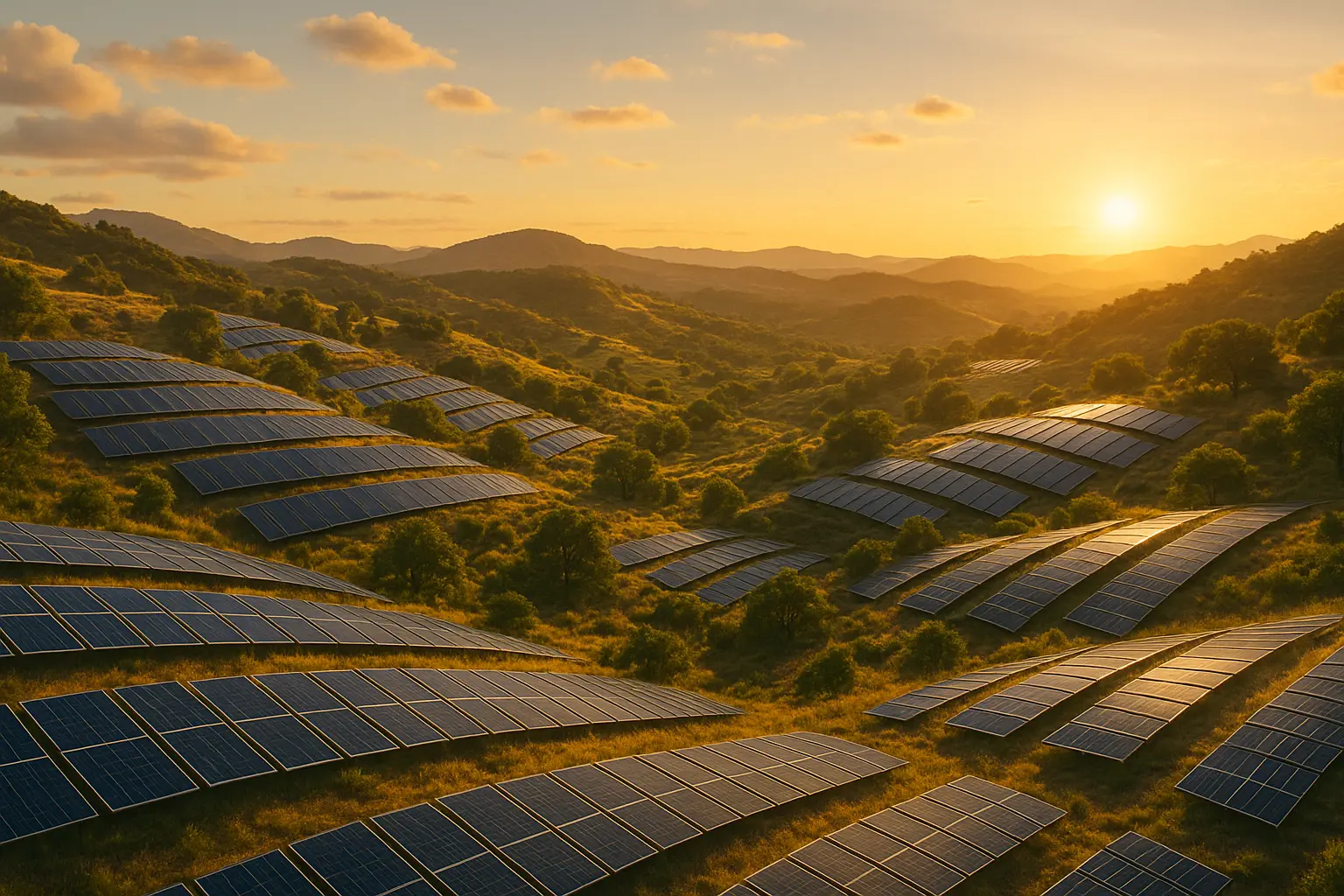 Parque solar integrado en un paisaje montañoso